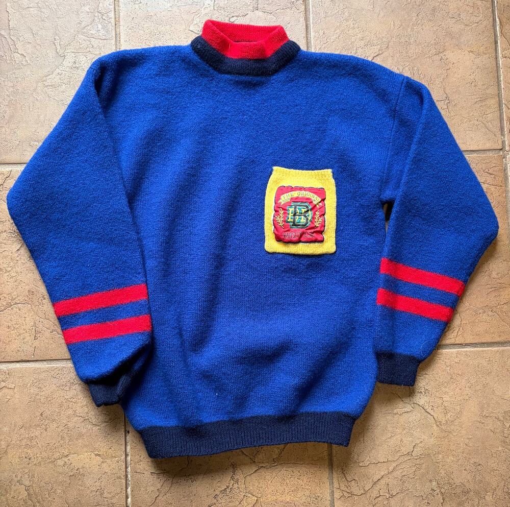 Vintage B.D. Baggies 100% Wool Varsity Sweater USA Patch Adult L (fits like a M)